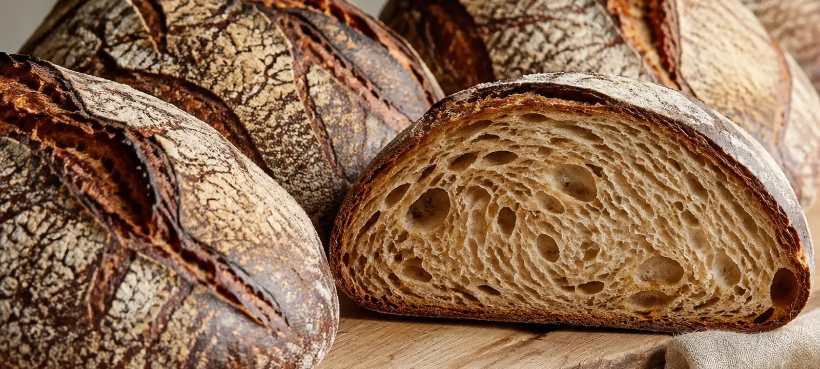 Handwerklich gebackene Sauerteigbrote mit dunkler Kruste auf einem Holzbrett, ein Laib aufgeschnitten