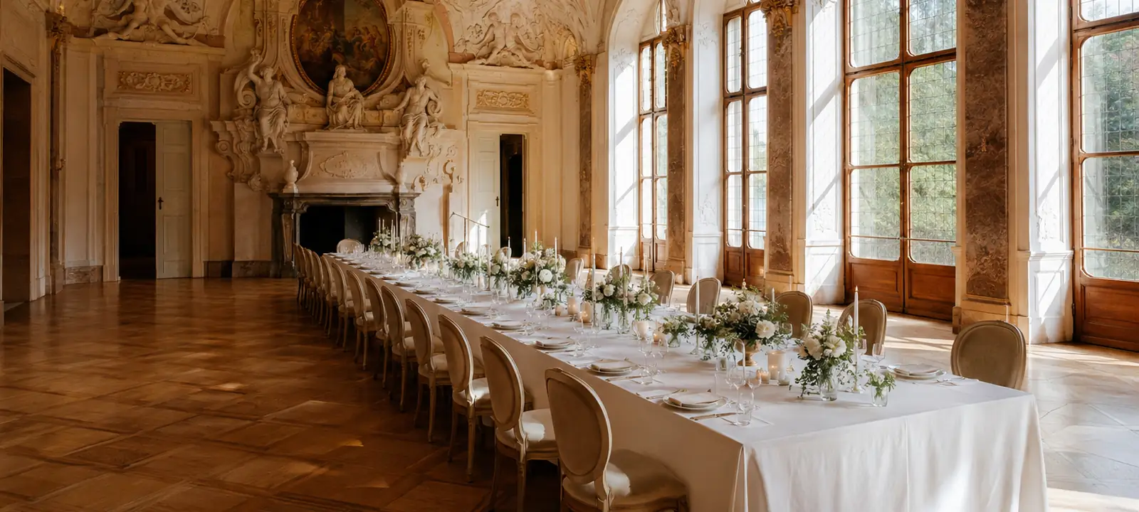 Festlich gedeckte lange Hochzeitstafel in einem barocken Saal mit Stuckdecke und hohen Rundbogenfenstern