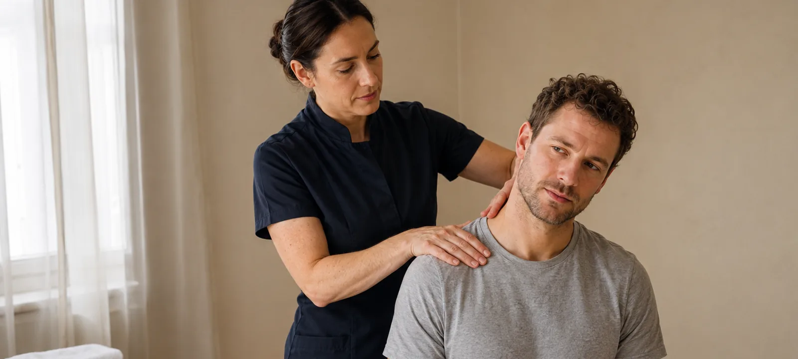 Masseurin behandelt Schulter und Nacken einer sitzenden Person in einem hellen Behandlungsraum